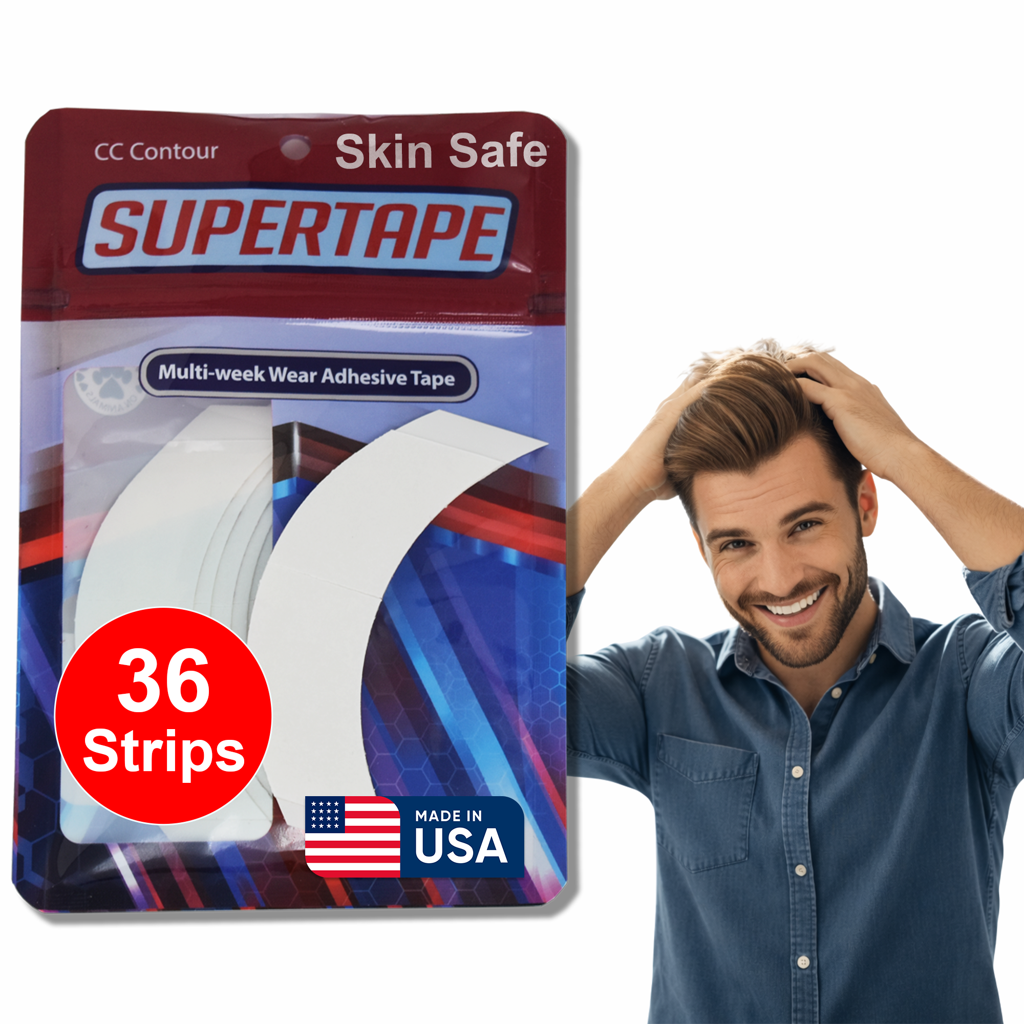 SUPERTAPE Hair System Tape Contours – Strong Hold – Pre-Cut Strips – Double-Sided